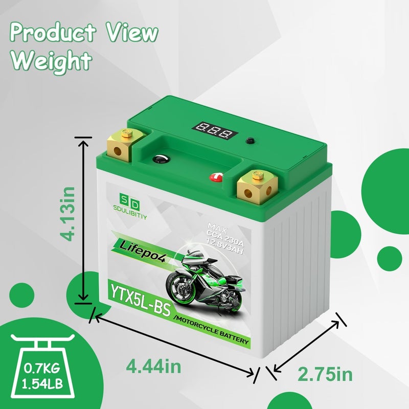 SDULIBITIY بطارية دراجة نارية ليثيوم LiFePO4 YTX5L-BS 12.8V 3Ah 230CCA عالية الأداء للرياضات القوية، متوافقة مع ATV، UTV، 4 عجلات، سكوتر، PWC، Seadoo، Polaris وبطارية مولد. - Image 2